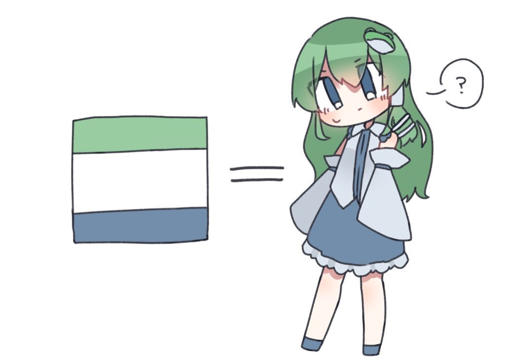 1girl ? bare_shoulders blue_eyes blue_skirt chibi collared_shirt detached_sleeves eyes_visible_through_hair familymart frilled_skirt frills frog_hair_ornament green_hair hair_ornament hair_tubes kochiya_sanae shirt shoes sigure0210 simple_background single_hair_tube single_sidelock skirt snake_hair_ornament solo sweatdrop touhou white_background