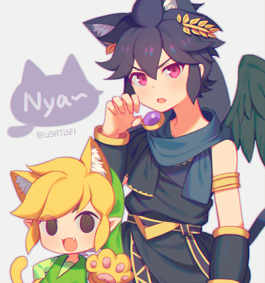 2boys ahoge angel angel_wings animal_ears black_scarf blonde_hair cat_ears cat_tail dark_pit fangs kid_icarus kid_icarus_uprising laurel_crown link looking_at_viewer multiple_boys nintendo pointy_ears red_eyes scarf super_smash_bros. tail the_legend_of_zelda the_legend_of_zelda:_the_wind_waker toon_link vambraces wings wusagi2