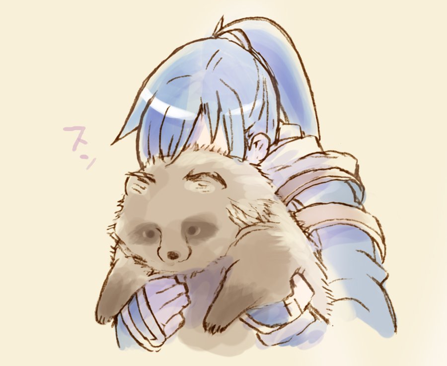 1boy animal blue_hair covered_face cropped_torso holding holding_animal leo_tail long_hair male_focus ponytail raccoon simple_background sketch solo strider_(video_game) strider_hien tanuki yellow_background