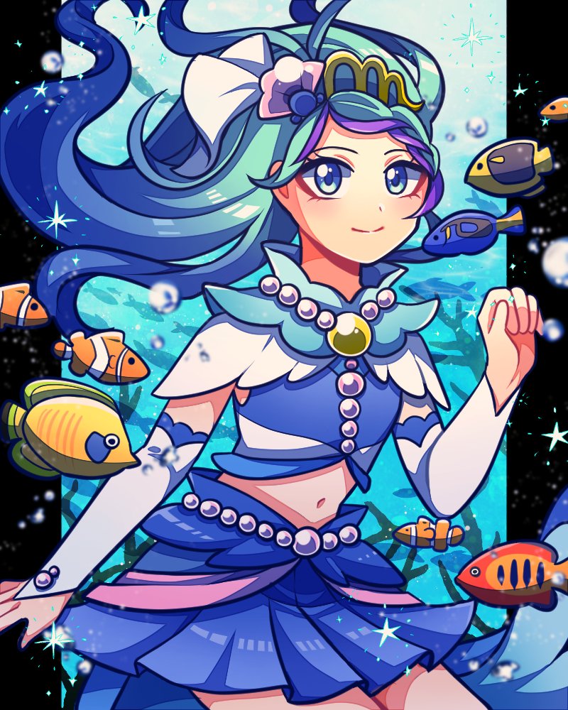 1girl 1jumangoku asymmetrical_skirt blue_collar blue_eyes blue_hair blue_shirt blue_skirt braid bubble closed_mouth clownfish collar commentary coral cowboy_shot cure_mermaid eel fish floating_hair go!_princess_precure gold_headwear gradient_hair hand_up kaidou_minami light_blush long_hair long_skirt looking_at_viewer magical_girl midriff multicolored_hair navel outside_border pillarboxed precure purple_hair shell_hair_ornament shirt short_sleeves single_braid skirt smile solo star_(symbol) streaked_hair thighs tiara underwater veil white_arm_warmers white_sleeves white_veil