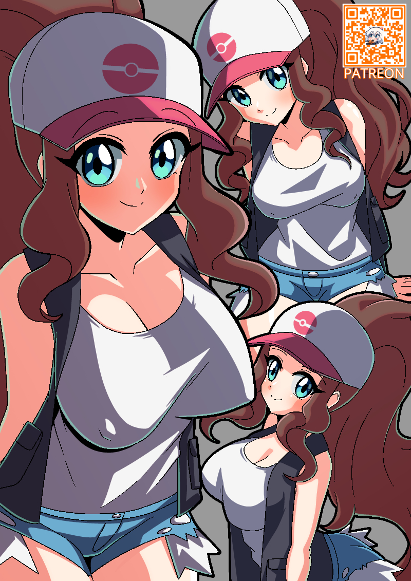 1girl acefish ass bare_shoulders black_jacket blue_eyes blush breasts brown_hair cleavage covered_erect_nipples denim hat head_tilt hilda_(pokemon) jacket jeans large_breasts legs_together long_hair multiple_views nintendo pants poke_ball_print pokemon pokemon_bw ponytail shirt short_shorts shorts sidelocks simple_background sitting smile standing thighs torn_clothes torn_jeans torn_pants white_hat white_shirt