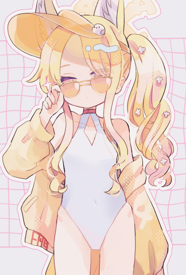 adjusting_eyewear animal_ear_fluff animal_ears arm_at_side bare_shoulders blue_archive blush closed_mouth covered_navel cowboy_shot cross_halo expressionless flower fox_ears fox_girl hair_flower hair_ornament halo hand_up highleg highleg_one-piece_swimsuit hip_bones hiyuu_(hiyualice) impossible_clothes jacket legs_apart loli long_bangs long_hair long_sidelocks no_nose off_shoulder one-piece_swimsuit open_clothes open_jacket orange-tinted_eyewear outline parted_bangs pink_eyes seia_(blue_archive) seia_(swimsuit)_(blue_archive) side_ponytail sidelocks skinny sparkle standing straight-on sunglasses swimsuit thighs tinted_eyewear visor_cap wavy_hair wavy_sidelocks white_background white_flower white_one-piece_swimsuit white_outline yellow-framed_eyewear yellow_halo yellow_jacket