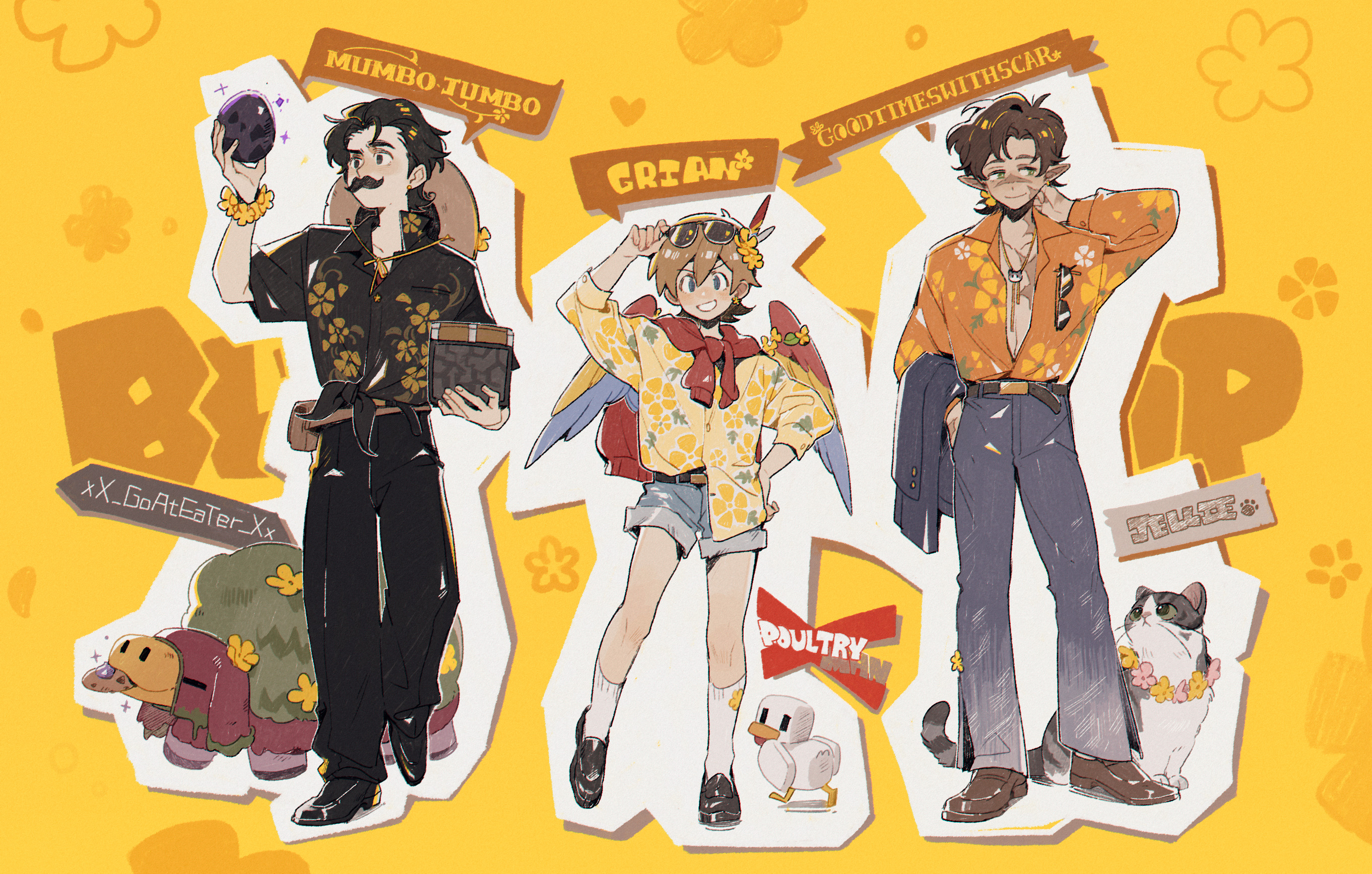 3boys adapted_costume alternate_costume animal bird bishounen black_hair brown_hair cat character_name chicken chicken_(minecraft) commentary cookie dragon_egg_(minecraft) egg english_commentary eyewear_on_head facial_hair flower food full_body goodtimeswithscar goodtimeswithscar_(buttercups) grian_(buttercups)_(hermitcraft) grian_(youtuber) hermitcraft highres holding jellie_(hermitcraft) luminous_slime male_focus minecraft minecraft_youtube multiple_boys mumbo_jumbo_(youtuber) mustache piston scar shoes short_hair sniffer_(minecraft) standing sunglasses sweater unworn_sweater yellow_background
