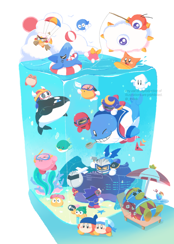 &gt;_&lt; :3 :d acro_(kirby) air_bubble armor artist_name axe_knight_(kirby) ball bandana bandana_waddle_dee beach_chair beach_umbrella beachball blipper blowfish_(kirby) blue_bandana blue_sailor_collar bubble captain_vul chair character_request closed_eyes closed_mouth cloud commentary_request coner coral crazy_straw cup diving_mask drink drinking_straw fake_horns fang fatty_whale fish fish_skeleton fishbone_(kirby) fishing_rod floral_print flotzo food gloves glunk_(kirby) gobbler_(kirby) goggles grin halberd_(airship) hammer hat hawaiian_shirt helmet holding holding_fishing_rod holding_food holding_hammer holding_popsicle horned_helmet horns innertube javelin_knight king_dedede kirby kirby_(series) kracko lalala_(kirby) lololo_(kirby) looking_down lounge_chair lounging mace_knight mask meta_knight midooka_(o_k_k) neckerchief nintendo one-eyed one_eye_closed open_clothes open_mouth open_shirt orca parachute pauldrons popsicle print_shirt red_headwear red_neckerchief red_shirt red_sun rock sailor_collar sailor_hat sailor_waddle_dee scarfy seaweed shade shadow sharp_teeth shipwreck shirt shoulder_armor simple_background smile smoking_pipe snorkel spikes squid squishy_(kirby) star-shaped_eyewear star_(symbol) starfish submerged sun sunglasses surfboard surfing swim_ring swimming table teeth trident_knight twitter_username umbrella underwater waddle_doo water watermark white-framed_eyewear white_background white_gloves white_headwear wings yellow_eyes