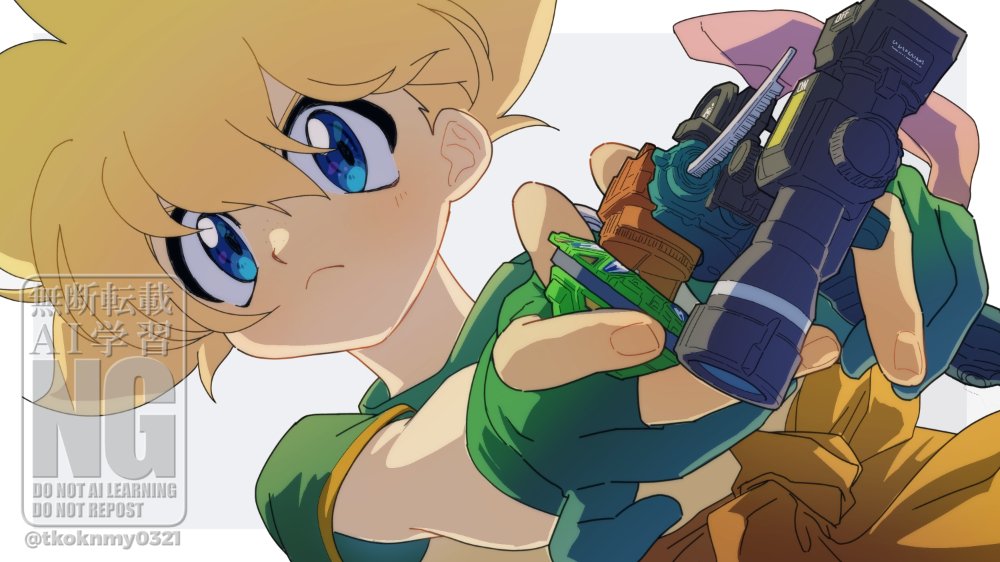 1boy bakuten_shoot_beyblade beyblade beyblade_(object) blonde_hair blue_eyes gloves green_gloves green_shirt grey_background holding male_focus mizuhara_max partially_fingerless_gloves shirt short_hair solo tkoknmy0321 twitter_username upper_body watermark