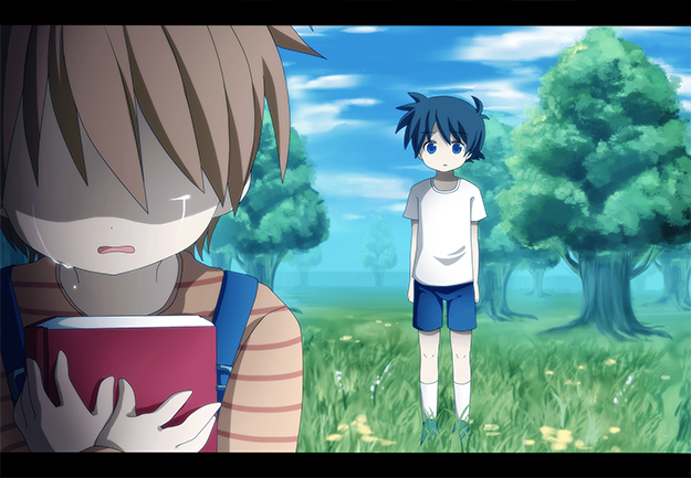 2boys black_hair blue_eyes book brown_hair crying fake_screenshot forest letterboxed mizuoka_yuuichi multiple_boys nature re:kinder shirt short_hair shorts striped_clothes striped_shirt suspenders takano_shunsuke tears tree white_shirt yumekoneko