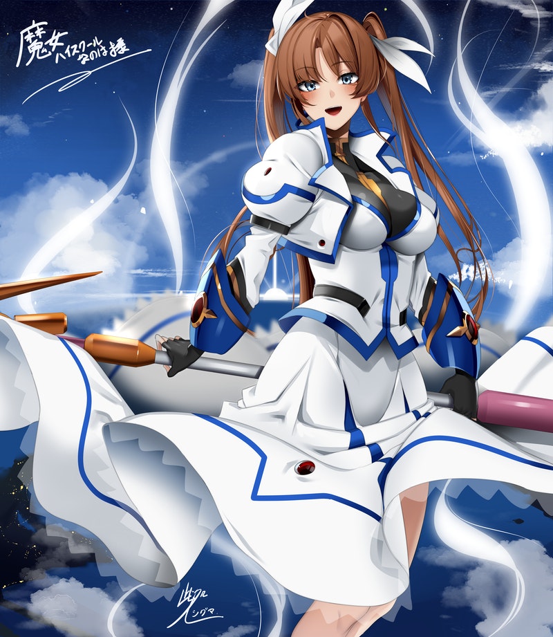 1girl :d black_gloves blue_eyes blue_sky bow breasts brown_hair commission doko_tetora fingerless_gloves flying gloves hair_bow holding juliet_sleeves long_hair long_sleeves looking_at_viewer lyrical_nanoha mahou_shoujo_lyrical_nanoha_strikers medium_breasts necktie night night_sky open_mouth puffy_sleeves raising_heart raising_heart_(exceed_mode) signature skeb_commission skirt sky smile solo takamachi_nanoha takamachi_nanoha_(exceed_mode) twintails white_bow white_skirt yellow_necktie