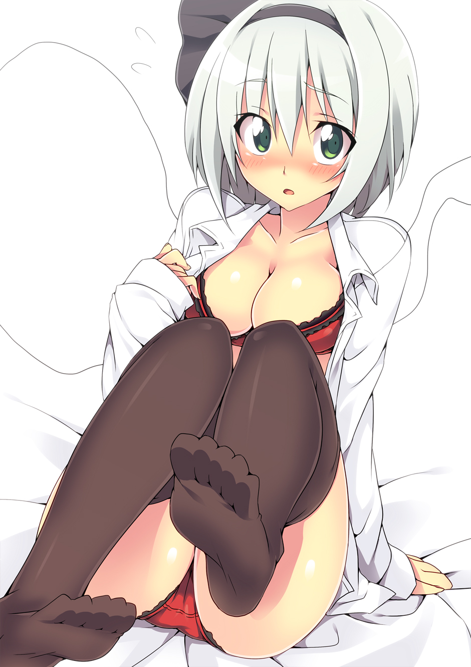 1girl bad_id bad_pixiv_id blush bra breasts brown_thighhighs cleavage collarbone commentary_request dress_shirt feet female_focus flying_sweatdrops foot_focus green_eyes hair_ribbon highres konpaku_youmu konpaku_youmu_(ghost) large_breasts lingerie long_sleeves looking_at_viewer nearly_naked_shirt no_pants no_shoes oniku_(shimofuri-ke) open_clothes open_mouth open_shirt outstretched_foot outstretched_leg panties red_bra red_panties ribbon shirt short_hair silver_hair sitting soles solo thighhighs toes touhou underwear