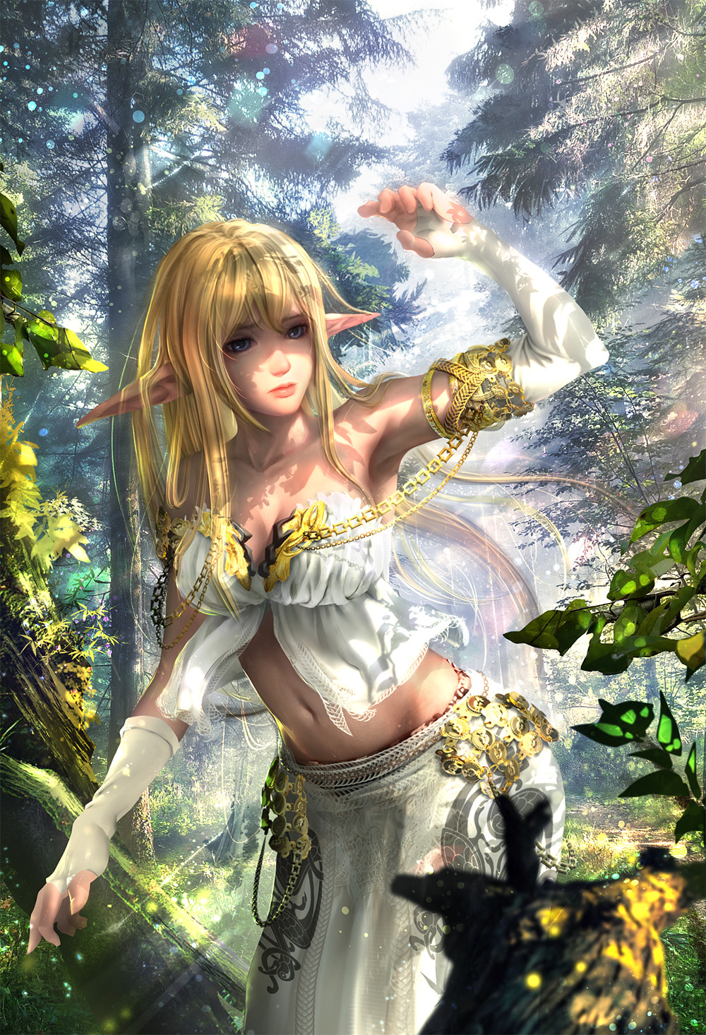 1girl arm_up armlet asymmetrical_gloves bandeau bare_shoulders bare_tree blonde_hair blue_eyes blue_sky branch breasts chain cleavage collarbone day elbow_gloves elf eyelashes eyeliner female_focus fingerless_gloves fingernails forest gloves gold_chain grass highres jewelry leaf lens_flare light_particles light_rays long_hair long_pointy_ears long_skirt looking_afar makeup medium_breasts midriff moss nature navel original outdoors peachpa pine_tree plant pointy_ears shading_eyes sidelocks skirt sky solo stomach strapless sunlight tree trunk uneven_gloves white_gloves white_skirt