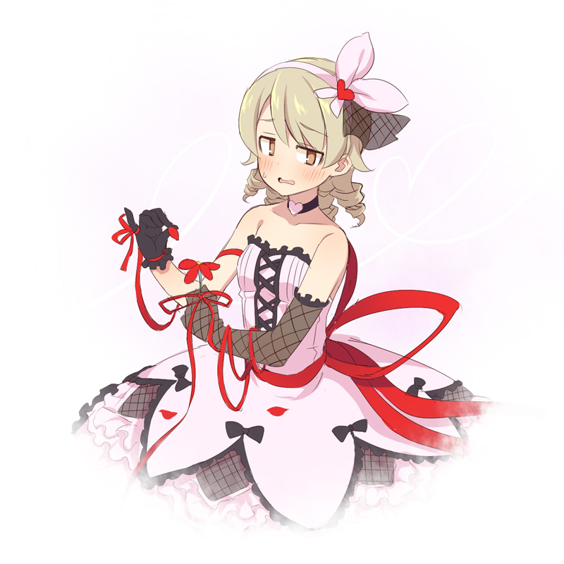 1girl asymmetrical_gloves bad_id bad_pixiv_id bare_shoulders black_choker black_gloves blush brown_eyes brown_hair choker collarbone cosplay cosplay_request dress elbow_gloves fishnet_gloves fishnets flower frilled_dress frills gloves hairband heart heart_choker holding holding_flower idolmaster idolmaster_cinderella_girls long_hair morikubo_nono open_mouth petals pink_dress pink_hairband plucking plucking_petals red_flower red_ribbon ribbon ringlets single_elbow_glove solo strapless strapless_dress sweat uccow wavy_mouth