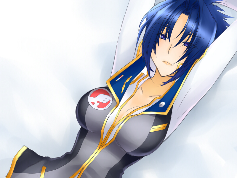 1girl bare_shoulders blue_eyes blue_hair breasts bridal_gauntlets choker cleavage collar collarbone dutch_angle female_focus matching_hair/eyes mayo-black short_hair solo super_robot_wars super_robot_wars_original_generation viletta_badam