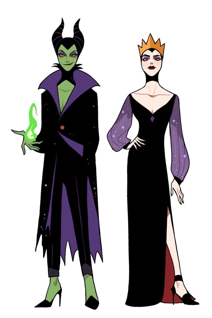 2girls alternate_costume colored_sclera colored_skin disney eyeshadow fake_horns full_body green_skin highres horned_headwear horns juanmao makeup maleficent multiple_girls mystical_high_collar queen_grimhilde sleeping_beauty snow_white witch yellow_sclera