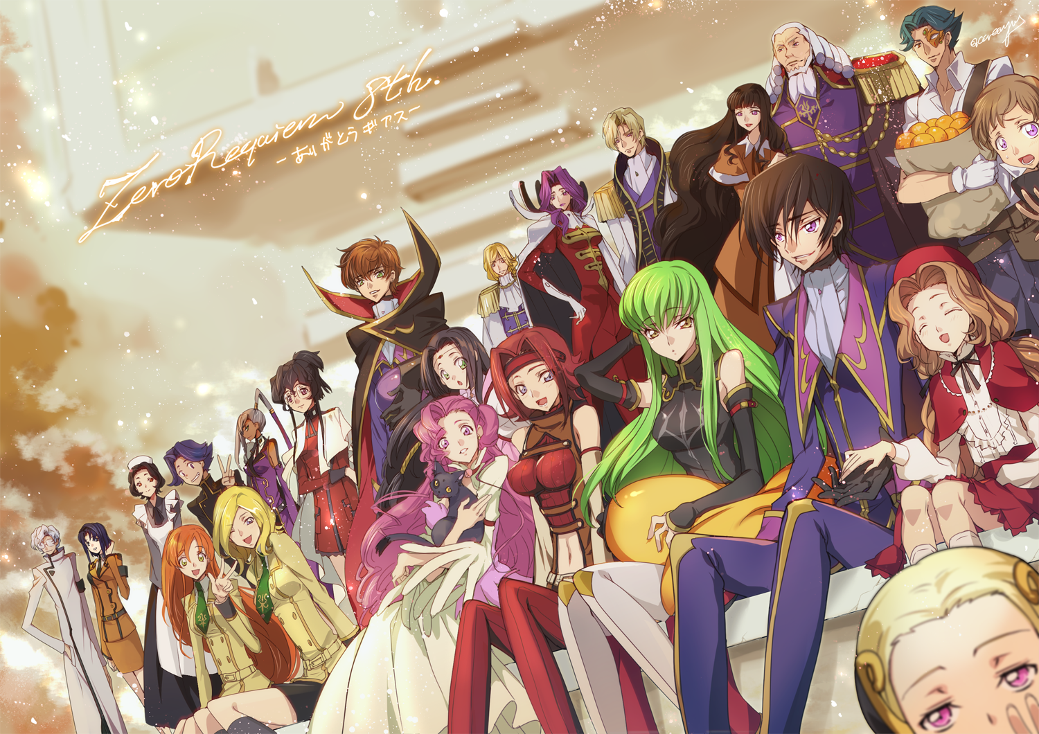 6+boys 6+girls :d ^_^ aiguillette apron arm_up armband bag bare_shoulders beard black_cape black_cat black_gloves black_ribbon black_skirt black_socks blonde_hair breasts brown_hair c.c. cape capelet cat cecile_croomy charles_zi_britannia chat_noir closed_eyes code_geass cornelia_li_britannia creayus dark_skin detached_sleeves dress dutch_angle elbow_gloves epaulettes euphemia_li_britannia everyone expressionless eyebrows facial_hair food formal_clothes fruit gloves green_necktie grin hand_gesture hand_in_own_hair hand_on_own_hip hat headband holding holding_bag holding_hands jeremiah_gottwald kneehighs kouzuki_kallen kururugi_suzaku lelouch_vi_britannia lloyd_asplund long_hair long_sleeves looking_at_viewer looking_to_the_side maid maid_headdress marianne_vi_britannia medium_breasts midriff milly_ashford multiple_boys multiple_girls navel necktie nina_einstein nunnally_vi_britannia old old_man open_mouth orange_(fruit) orange_hair orange_skirt pants parted_lips peeking pencil_skirt photobomb pink_eyes pink_hair ponytail profile purple_dress red_hat red_pants red_skirt ribbon rolo_lamperouge schneizel_el_britannia school_uniform shirley_fenette short_hair sitting skin_tight skirt smile socks standing stomach sumeragi_kaguya teeth v v.v. very_long_hair villetta_nu w white_apron white_dress white_gloves white_legwear wide_sleeves zero_(code_geass) zipper