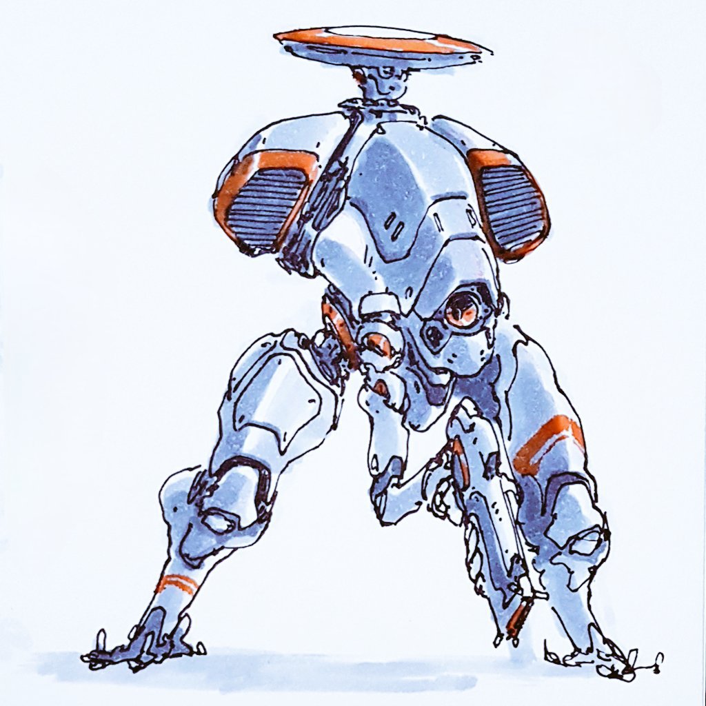 blue_background bouss commentary energy_gun english_commentary gun holding holding_gun holding_weapon mecha no_humans one-eyed orange_eyes original robot science_fiction shadow solo standing t&#039;au traditional_media warhammer warhammer_40k weapon