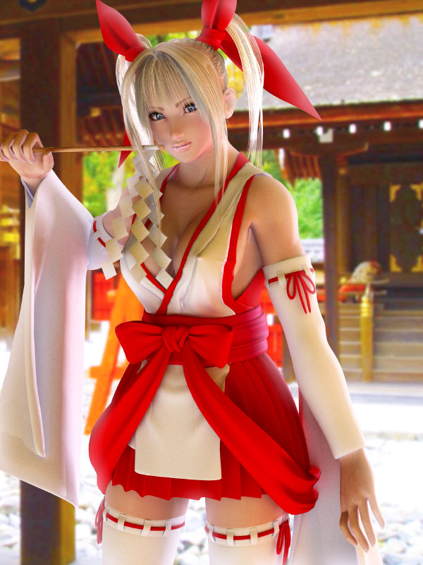 1girl 3d adapted_uniform blonde_hair breasts covered_erect_nipples female_focus hakama hakama_skirt incise_soul japanese_clothes large_breasts m-rs miko red_hakama ribbon rukia_(incise_soul) shrine skirt solo thighhighs twintails