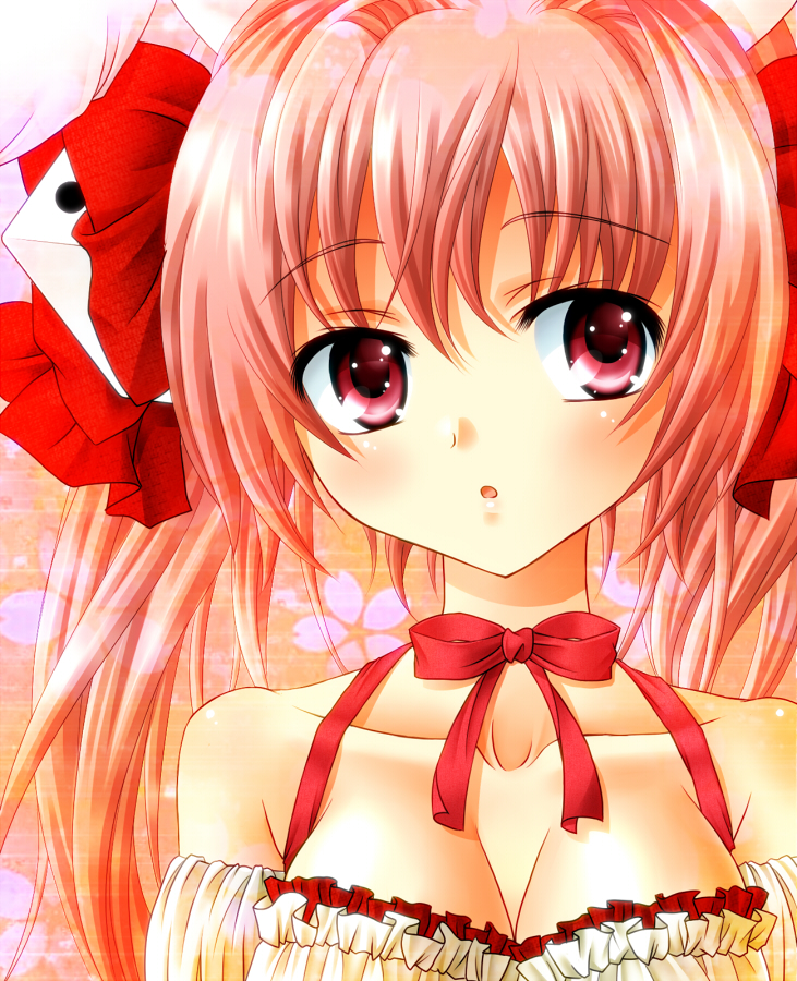 1girl :o bare_shoulders bow breasts choker cleavage di_gi_charat female_focus hair_bow looking_away pink_eyes pink_hair pink_theme ribbon_choker sachiko solo upper_body usada_hikaru