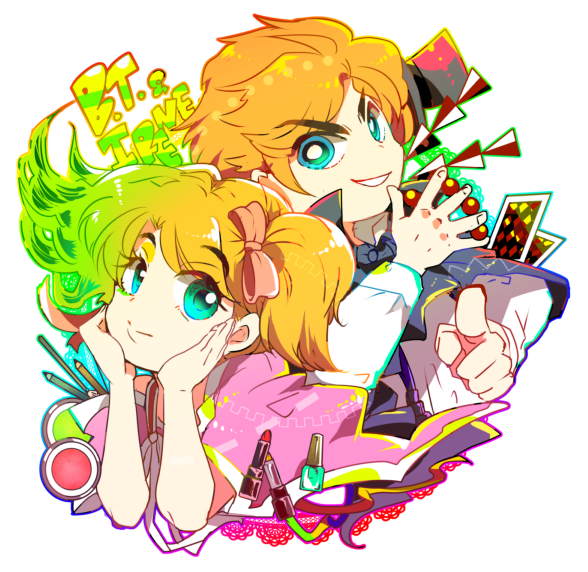 1boy 1girl aqua_eyes blonde_hair bow bt_(ma_shounen_bt) card cosmetics creator_connection crossover gorgeous_irene gorgeous_irene_(character) hair_bow hat head_rest lipstick ma_shounen_bt makeup marble_(toy) mini_hat mini_top_hat nail_polish_bottle playing_card pointing sadahara_inako side_ponytail simple_background smile top_hat white_background