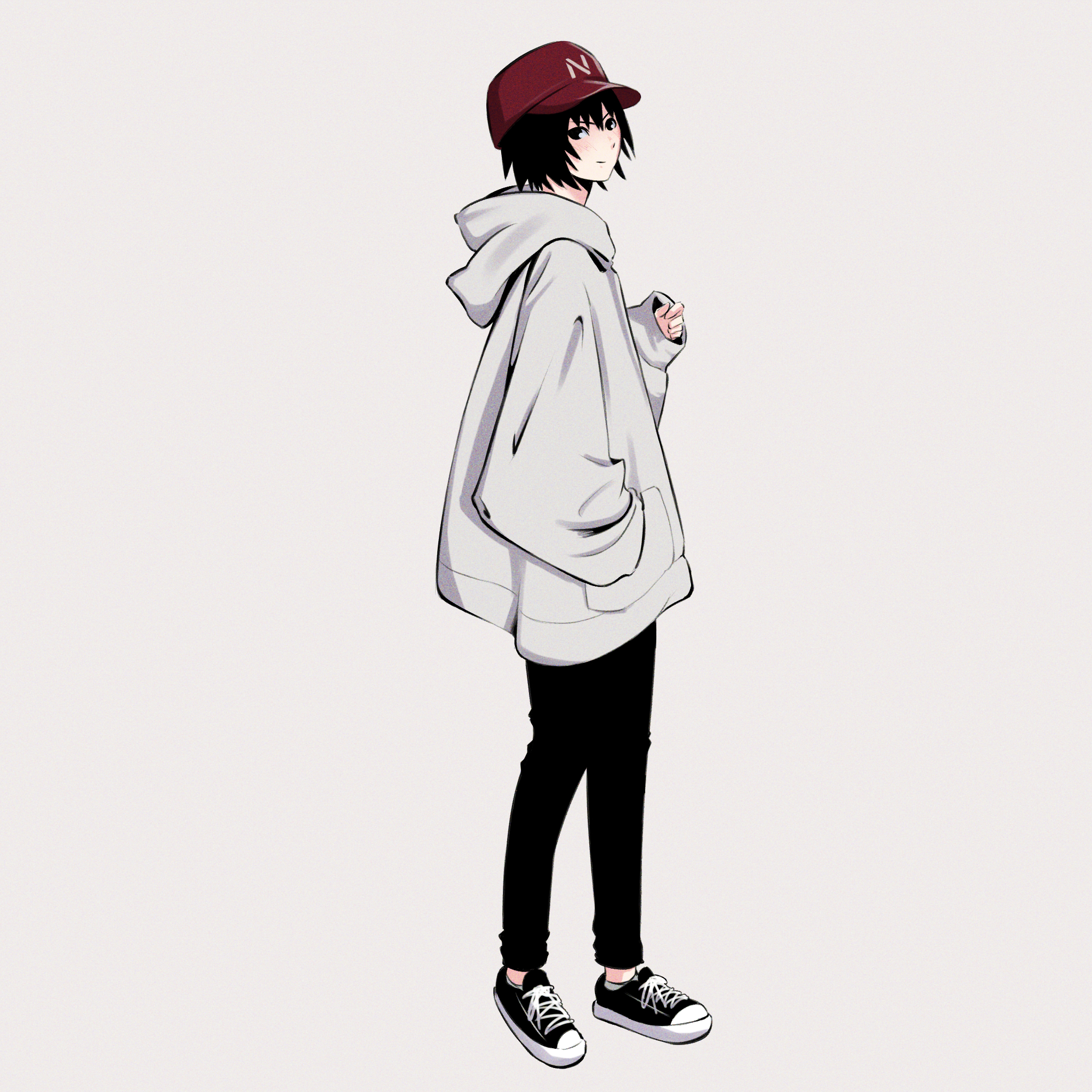 1girl amagami ankle_socks baseball_cap black_eyes black_hair black_pants black_shoes blush clothes_writing commentary curled_fingers from_side full_body hand_in_pocket hand_up hat highres hood hood_down hoodie initial long_sleeves looking_at_viewer looking_to_the_side nanasaki_ai oshizu pants red_hat shoes short_hair simple_background sleeves_past_wrists socks solo standing tomboy v-shaped_eyebrows white_background white_hoodie white_socks white_trim