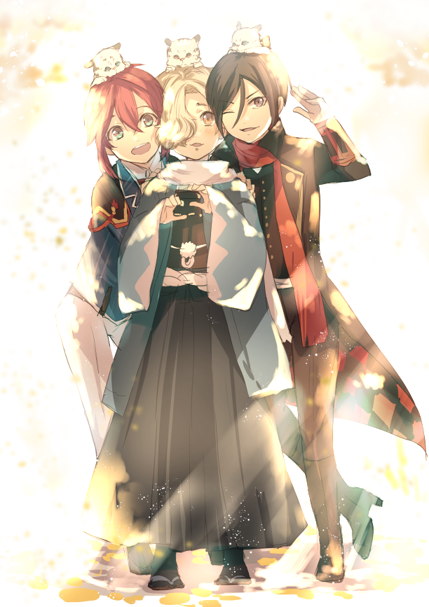 10s 3boys animal animal_on_head baby_animal black_hair blue_eyes boots cosplay gokotai gokotai&#039;s_tigers hair_over_one_eye hakama hakama_skirt haori high_heel_boots high_heels horikawa_kunihiro horikawa_kunihiro_(cosplay) japanese_clothes kashuu_kiyomitsu kashuu_kiyomitsu_(cosplay) male_focus multiple_boys on_head one_eye_closed open_mouth purple_eyes red_hair sandals scarf shinano_toushirou shinsengumi skirt tabi tiger tiger_cub touken_ranbu ui_(majiwi) white_hair white_tiger yagen_toushirou yamato-no-kami_yasusada yamato-no-kami_yasusada_(cosplay) yellow_eyes