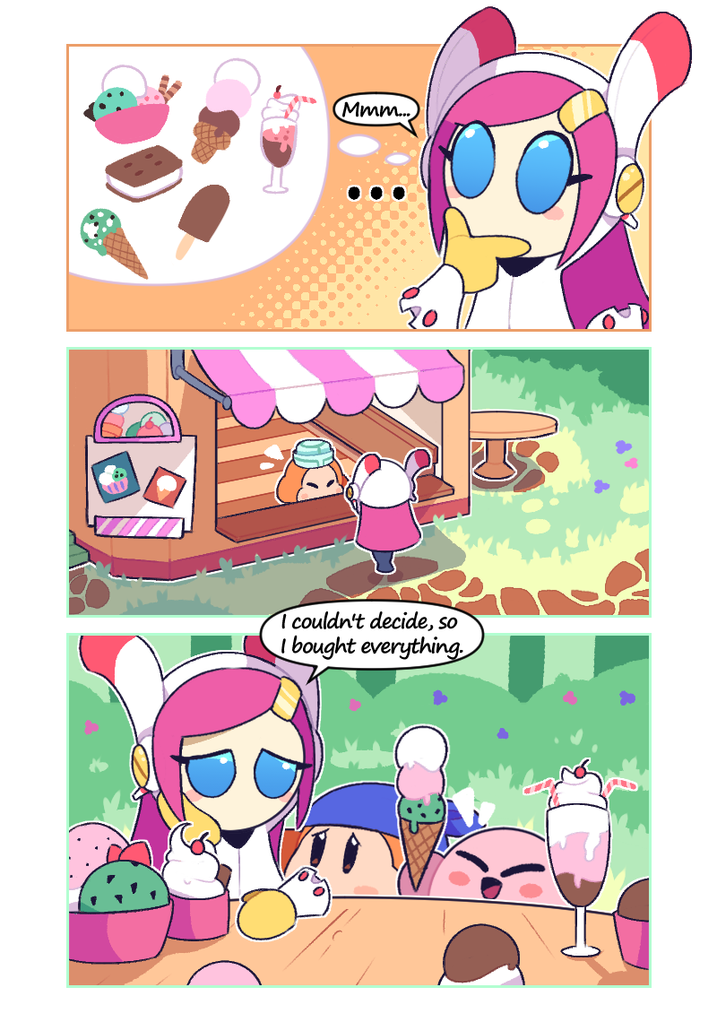 1girl bandana bandana_waddle_dee blue_bandana blue_eyes blush_stickers cherry colored_skin food fruit gloves hair_ornament hairclip hand_on_own_chin ice_cream ice_cream_sandwich kirby kirby_(series) multiple_scoops nintendo pink_hair pink_skin popsicle rayman_limbs skewedcanvas susie_(kirby) waddle_dee yellow_gloves