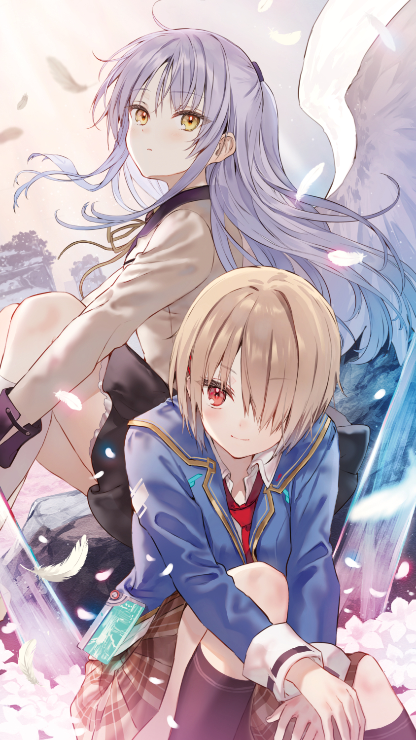 2girls angel_beats! angel_wings black_socks blue_jacket brown_jacket brown_skirt closed_mouth collared_shirt falling_feathers feathers grey_hair hair_over_one_eye half_updo hanekoto heaven_burns_red highres jacket kayamori_ruka kneehighs long_hair looking_at_viewer multiple_girls neck_ribbon necktie one_eye_covered plaid_clothes plaid_skirt pleated_skirt red_eyes red_necktie ribbon school_uniform shirt short_hair sidelocks skirt sleeve_cuffs socks tenshi_(angel_beats!) upper_body white_shirt white_wings wings yellow_eyes yellow_ribbon