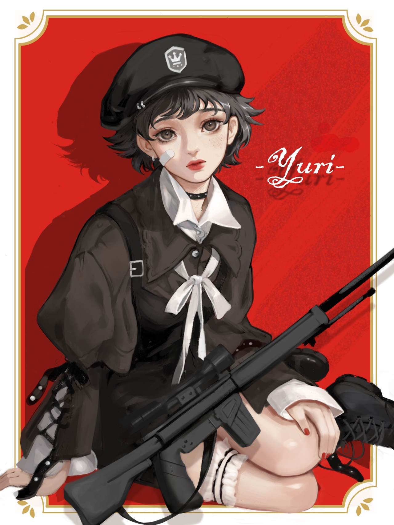 1girl arm_belt artist_name assault_rifle bandaid bandaid_on_cheek bandaid_on_face belt belt_buckle belt_collar black_belt black_boots black_dress black_hat boots border bow bowtie brown_eyes brown_hair buckle buttons cabbie_hat chinese_commentary closed_mouth collar collared_shirt commentary_request cross-laced_clothes cross-laced_sleeves crown_print dress expressionless eyelashes frilled_thigh_strap full_body grey_shirt gun hand_on_own_knee hat hat_belt highres juliet_sleeves lace-up_boots layered_sleeves light_blush light_particles lipstick long_sleeves looking_at_viewer makeup multiple_belts nail_polish original outside_border puffy_sleeves red_background red_lips red_nails rifle shirt short_dress short_hair sitting solo studded_belt thigh_strap weapon white_border white_bow white_bowtie white_garter white_shirt yokozuwari youlizi-yuri