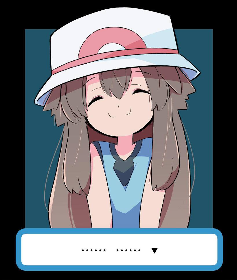 ... 1girl arrow_(symbol) black_border blue_shirt border brown_hair closed_eyes closed_mouth facing_viewer hair_between_eyes hat leaf_(pokemon) long_hair nintendo pokemon pokemon_frlg rascal_(feuille) shirt sleeveless sleeveless_shirt smile solo upper_body white_hat