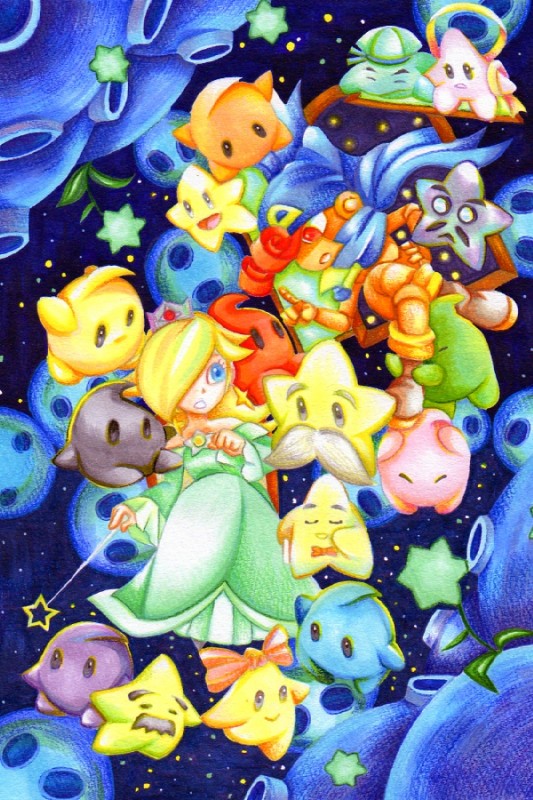 3girls 6+boys blonde_hair blue_eyes bow crown doll dress eldstar eyebrows facial_hair geno_(mario) hair_over_one_eye hat hug hugging_own_legs kalmar klevar luma_(mario) mamar mario_(series) meteor misstar multiple_boys multiple_girls mustache nintendo paper_mario red_eyes red_hair ribbon rosalina skolar space star_(symbol) star_bits star_spirits super_mario_bros._1 super_mario_galaxy super_mario_rpg twink_(paper_mario) wand