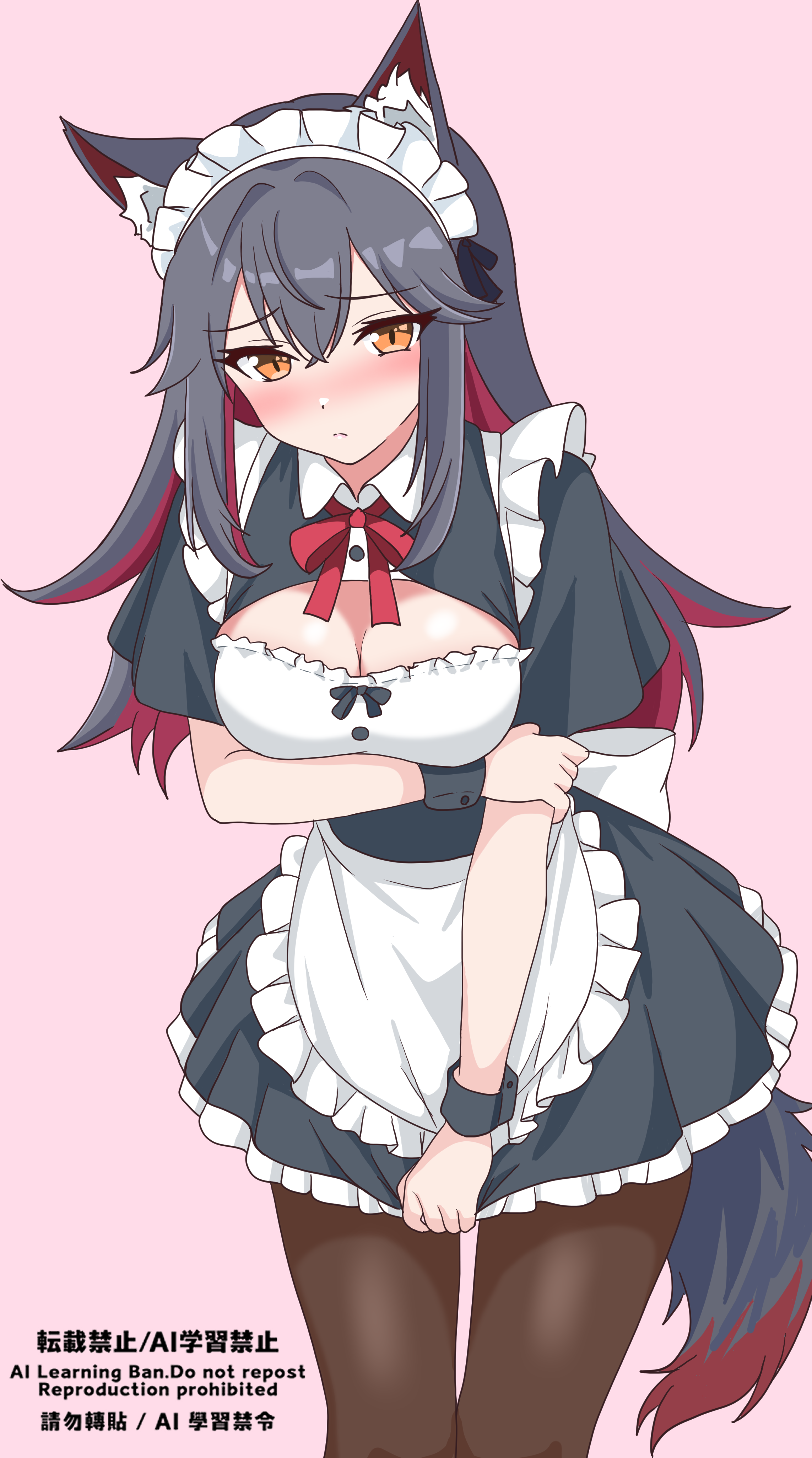 1girl absurdres alternate_costume animal_ear_fluff animal_ears apron arknights arm_under_breasts black_dress black_hair black_tail blush breasts brown_pantyhose cleavage cleavage_cutout closed_mouth clothing_cutout collared_dress colored_inner_hair commentary_request cowboy_shot dress dress_tug eggplant7217 embarrassed enmaided frilled_apron frilled_dress frills hair_between_eyes hand_on_own_elbow highres long_hair looking_at_viewer maid maid_headdress medium_breasts multicolored_hair neck_ribbon nose_blush orange_eyes pantyhose partial_commentary pink_background pleated_dress red_hair red_ribbon red_tail ribbon short_dress short_sleeves simple_background solo standing tail texas_(arknights) waist_apron watermark white_apron wolf_ears wolf_girl wolf_tail wrist_cuffs