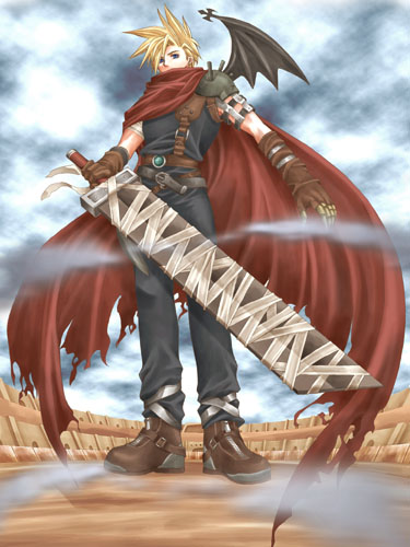 1boy arm_belt armor bad_id bat_wings black_pants black_shirt black_wings blonde_hair boots brown_gloves buster_sword cape cloud cloud_strife cloudy_sky colosseum commentary_request day final_fantasy final_fantasy_vii full_body gloves holding holding_sword holding_weapon kingdom_hearts kingdom_hearts_i lowres male_focus outdoors pants pauldrons red_cape rendezvous shirt short_hair shoulder_armor single_pauldron single_wing sky smoke solo spiked_hair spiked_pauldrons suspenders sword torn_cape torn_clothes weapon wings