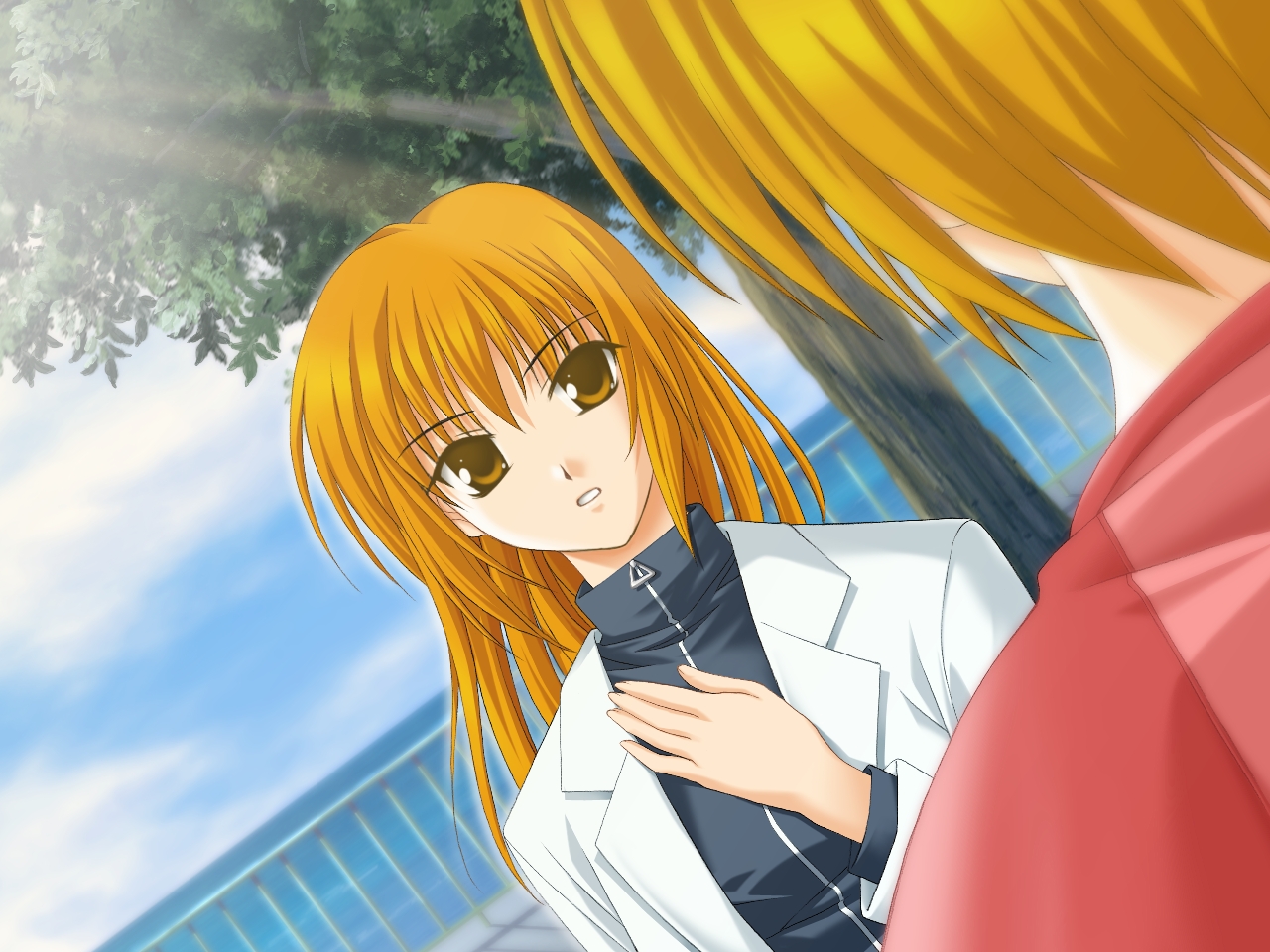 2girls 5pb. blonde_hair cloud day dutch_angle ever_17 fence from_behind game_cg lab_coat long_hair multiple_girls outdoors raglan_sleeves short_hair sky spoilers takigawa_yuu tanaka_yubiseiakikana tanaka_yubiseiharukana tree water yellow_eyes you