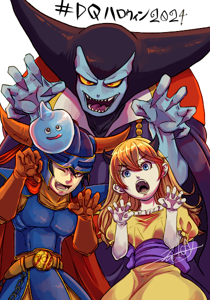 1girl 2boys armor belt blue_armor blue_eyes blue_skin bodysuit cape claws colored_skin commentary_request dragon_lord dragon_quest dragon_quest_i dress elbow_gloves fake_horns gloves halloween helmet hero_(dq1) horned_helmet horns jewelry kale long_hair looking_at_viewer multiple_boys necklace open_mouth orange_bodysuit orange_gloves orange_hair princess_laura purple_tunic red_cape sharp_teeth shoulder_armor signature simple_background slime_(dragon_quest) teeth tunic upper_body white_gloves yellow_dress