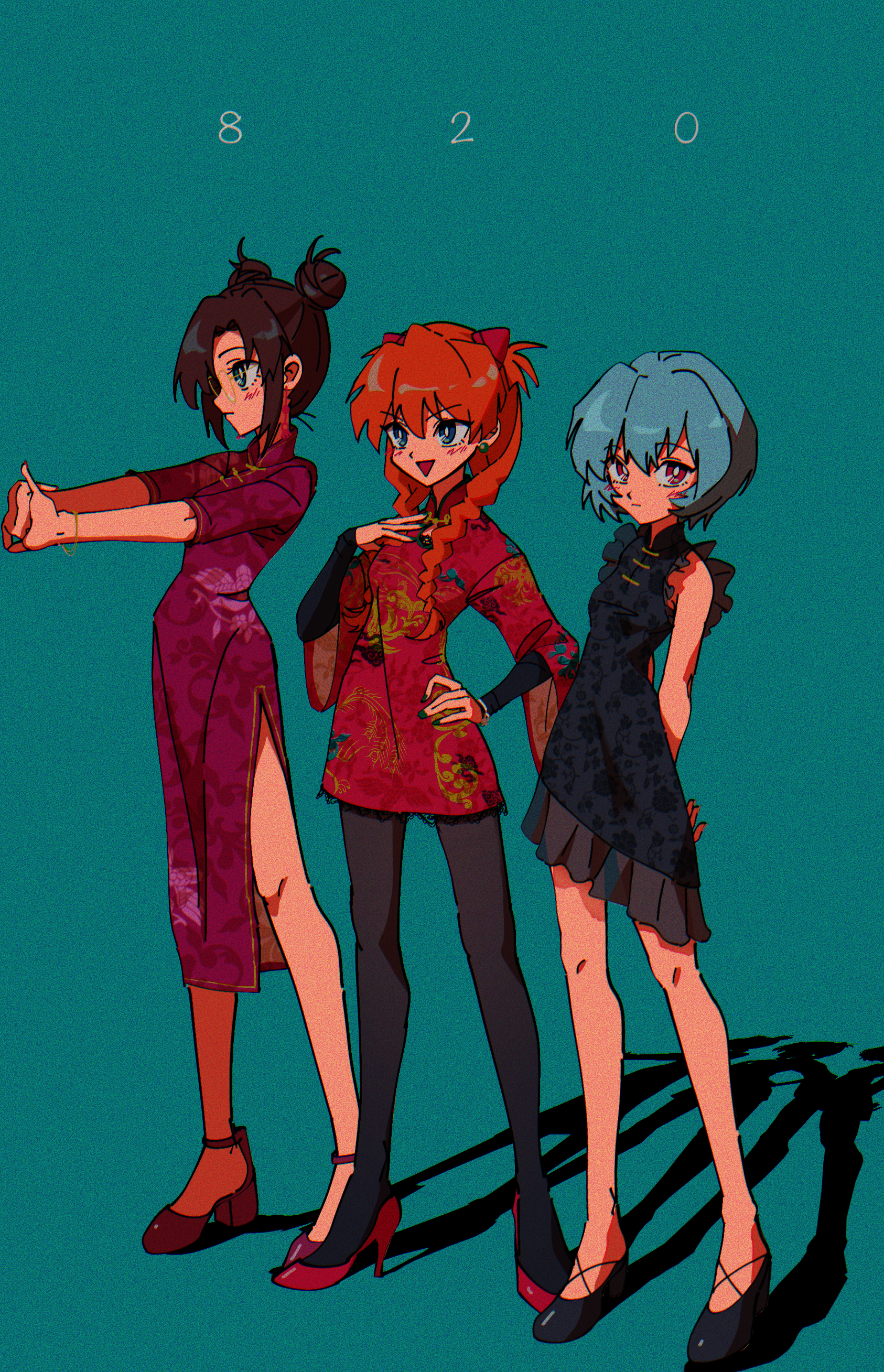 3girls absurdres alternate_hairstyle arms_behind_back ayanami_rei black_dress black_pantyhose black_shoes blue_background blue_eyes blue_hair braid brown_hair china_dress chinese_clothes double_bun dress full_body green_eyes hair_bun hair_over_shoulder hand_on_own_hip high_heels highres makinami_mari_illustrious multiple_girls neon_genesis_evangelion nzeneee pantyhose print_dress pumps rebuild_of_evangelion red_dress red_eyes red_hair red_shoes retro_artstyle shadow shoes short_dress short_hair side_slit sleeveless sleeveless_dress souryuu_asuka_langley stretching twin_braids
