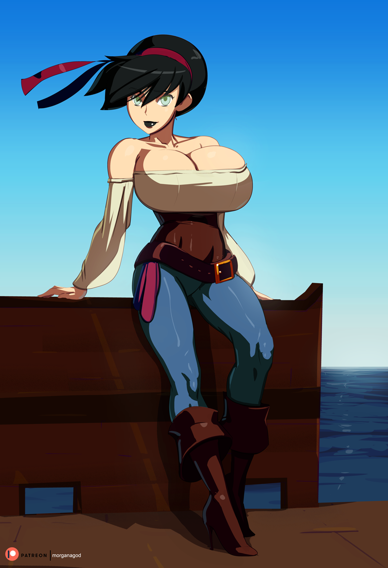 1girl avatar:_the_last_airbender avatar_legends black_hair black_lips blind boots breasts cleavage female_focus high_heel_boots high_heels huge_breasts lipstick makeup morganagod patreon pirate solo toph_beifong