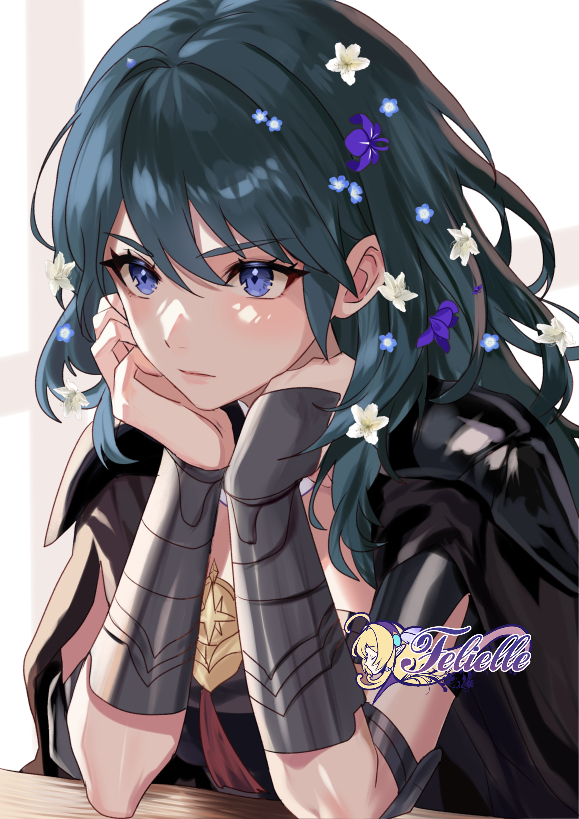 1girl artist_name blue_eyes blue_hair female_byleth_(fire_emblem) commission felielle fire_emblem fire_emblem:_three_houses flower hair_flower hair_ornament hands_up long_hair nintendo purple_flower solo upper_body vambraces watermark white_flower