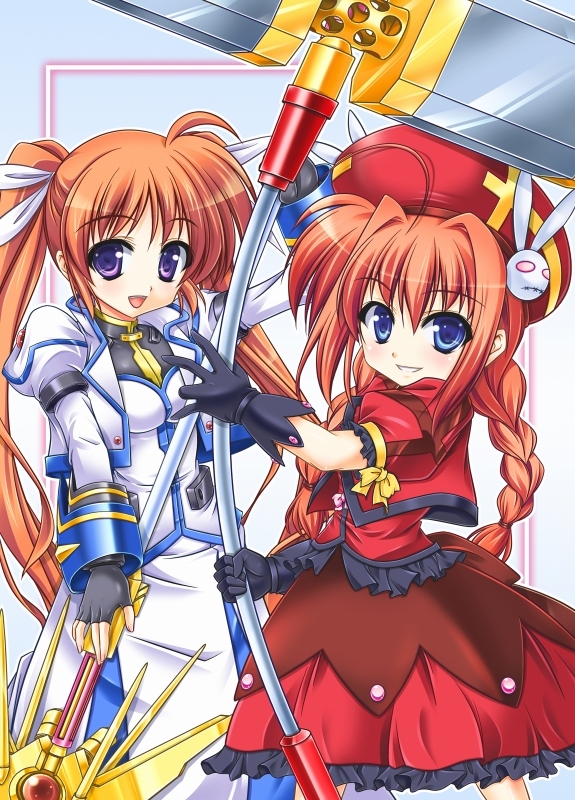 blue_eyes braid brown_hair fingerless_gloves gloves graf_eisen hair_ribbon hat long_hair lyrical_nanoha mahou_shoujo_lyrical_nanoha mahou_shoujo_lyrical_nanoha_a&#039;s murasaki_atsushi purple_eyes raising_heart raising_heart_(exceed_mode) red_hair ribbon takamachi_nanoha takamachi_nanoha_(exceed_mode) twin_braids twintails vita_(nanoha)