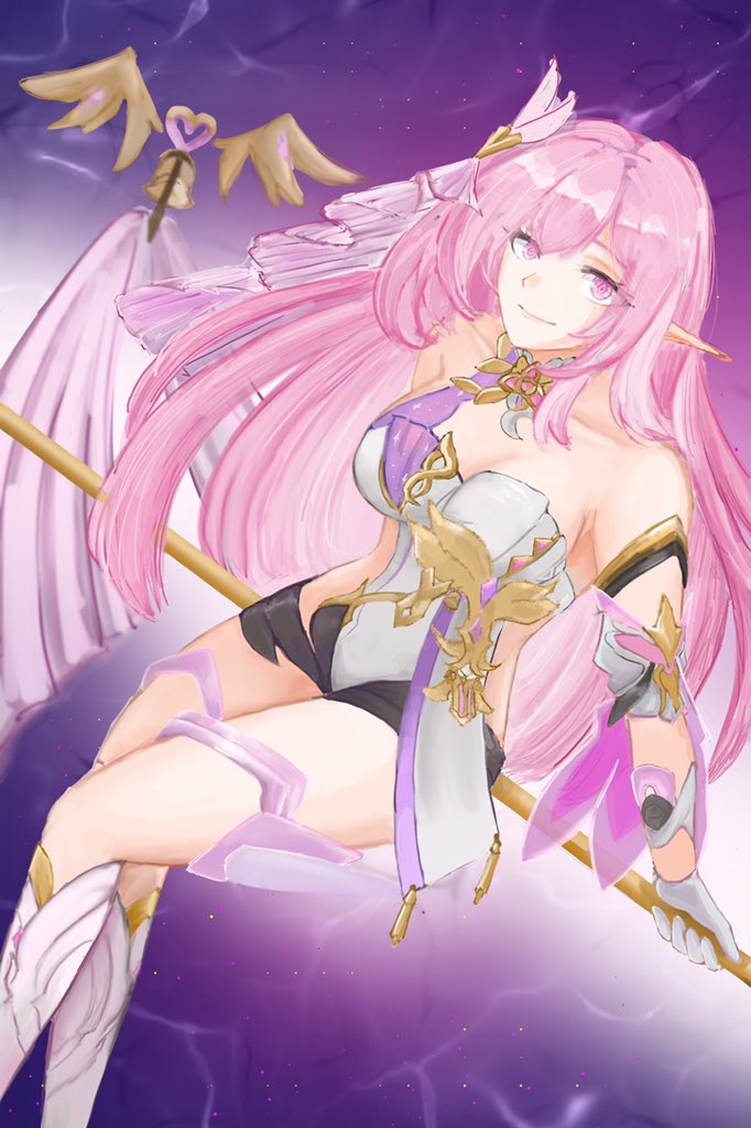 1girl bare_shoulders bell black_shorts boots breasts cleavage commentary_request corset diamond-shaped_pupils diamond_(shape) elf elysia_(herrscher_of_human:_ego)_(honkai_impact) elysia_(honkai_impact) gloves holding holding_staff honkai_(series) honkai_impact_3rd large_breasts long_hair pink_hair pointy_ears purple_eyes purple_sky short_shorts shorts sky smile solo staff staff_riding symbol-shaped_pupils thigh_strap thighs triquetra veil very_long_hair white_boots white_corset white_gloves white_veil yakmeephuawkaa
