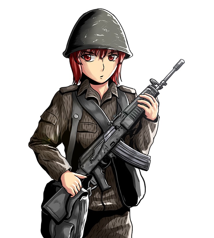 1girl assault_rifle averting_eyes bag breast_pocket camouflage camouflage_pants camouflage_shirt collared_shirt commentary cowboy_shot dark_red_hair east_germany english_commentary expressionless geococcyx grey_bag grey_headwear grey_helmet grey_pants grey_shirt grey_theme gun helmet holding holding_gun holding_weapon kalashnikov_rifle limited_palette long_sleeves looking_to_the_side military military_fatigues military_uniform mixed-language_commentary muzzle_device nationale_volksarmee open_collar open_mouth original pants pocket red_eyes rifle satchel scratched_paint scratches shirt short_hair shoulder_bag simple_background soldier solo strichtarn weapon white_background wieger_stg-940 wispy_bangs