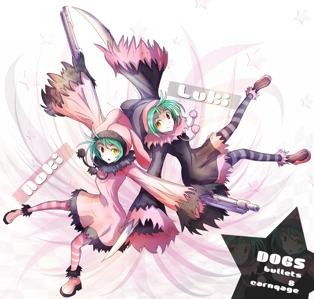 2girls bad_id bad_pixiv_id dogs:_bullets_&amp;_carnage green_hair gun heterochromia knife long_sleeves luki multiple_girls noki pantyhose short_hair siblings sisters striped_clothes striped_legwear striped_thighhighs thighhighs twins weapon yellow_eyes yodori