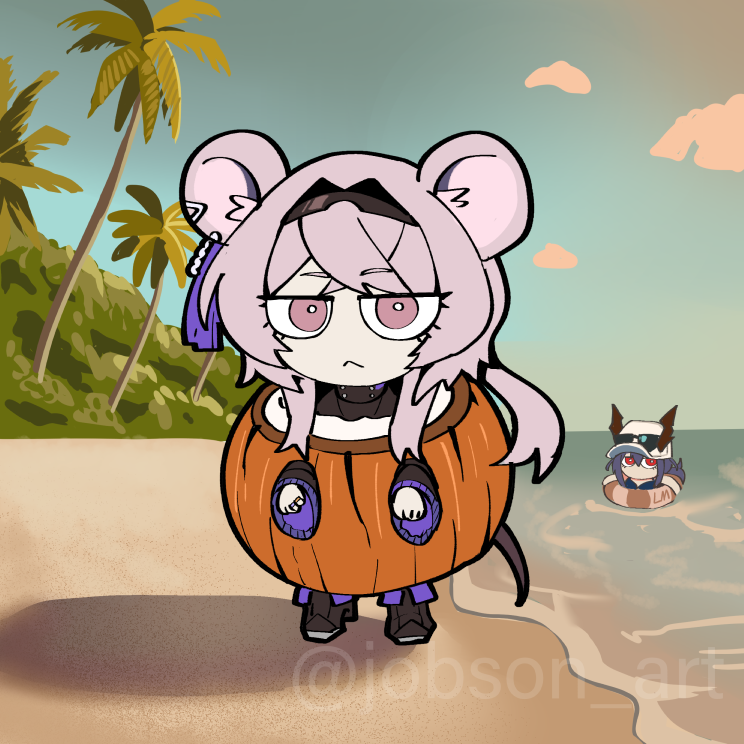 2girls ai-generated_art_(topic) animal_ears arknights black_hairband ch&#039;en_(arknights) ch&#039;en_the_holungday_(arknights) chibi commentary commentary_request english_commentary hairband italian_brainrot_ai_animals_(meme) lin_(arknights) meme mixed-language_commentary mouse_ears mouse_girl multiple_girls outdoors pink_eyes pink_hair sleepyowl_(jobkung15) standing