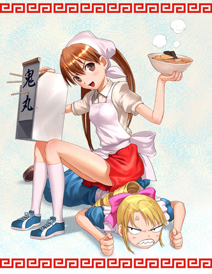 &gt;:d 00s 2girls :d anger_vein angry apron blue_dress blush bow bowl brown_eyes brown_footwear brown_hair clenched_hands collared_shirt dress drill_hair food foreshortening girl_on_top grey_shirt hair_bow holding holding_bowl kannazuki_megumi kneehighs looking_at_viewer lying multiple_girls muteki_kanban_musume noodles on_stomach onimaru_miki open_mouth pink_apron pink_bow ramen red_skirt shirt shoes short_sleeves skirt smile sneakers socks steam twintails v-shaped_eyebrows white_legwear wing_collar