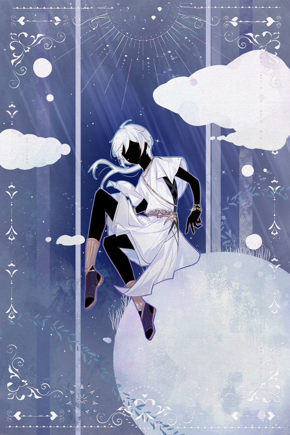 1boy aged_down ahoge ancient_greek_clothes baiguigelierwan black_skin blue_background border bracelet cael_anselm cael_anselm_(white_city) chinese_commentary chiton cloud colored_skin cross-laced_clothes faceless faceless_male facing_viewer full_body gold_belt gold_bracelet greco-roman_clothes hair_between_eyes highres jewelry knee_up long_hair lovebrush_chronicles low_ponytail male_focus moon_phases ornate_border planet ponytail sandals short_sleeves sitting solo tunic white_hair white_tunic