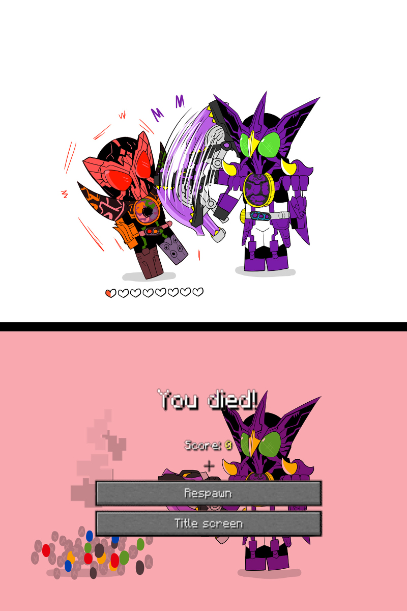 cell_medal core_medal damage death english_text highres hino_eiji ivan_cap_(ivancyxic) jeart kamen_rider kamen_rider_ooo_(series) king_(kamen_rider_ooo) health_bar medagabryu microsoft_paint_(medium) minecraft motion_lines putotyra_(ooo_combo) scoreboard tagme