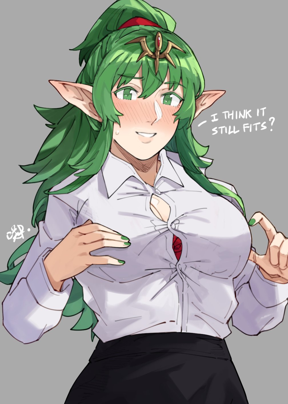 1girl alternate_costume bra bra_peek breasts cleavage english_text fire_emblem fire_emblem_awakening green_eyes green_hair grey_background hair_ribbon highres inconvenient_breasts large_breasts long_hair looking_at_viewer nail_polish nintendo office_lady official_alternate_costume pencil_skirt pointy_ears ponytail red_bra red_nails ribbon sakuremi simple_background skirt smile solo sweatdrop tiara tiki_(adult)_(fire_emblem) tiki_(fire_emblem) undersized_clothes underwear