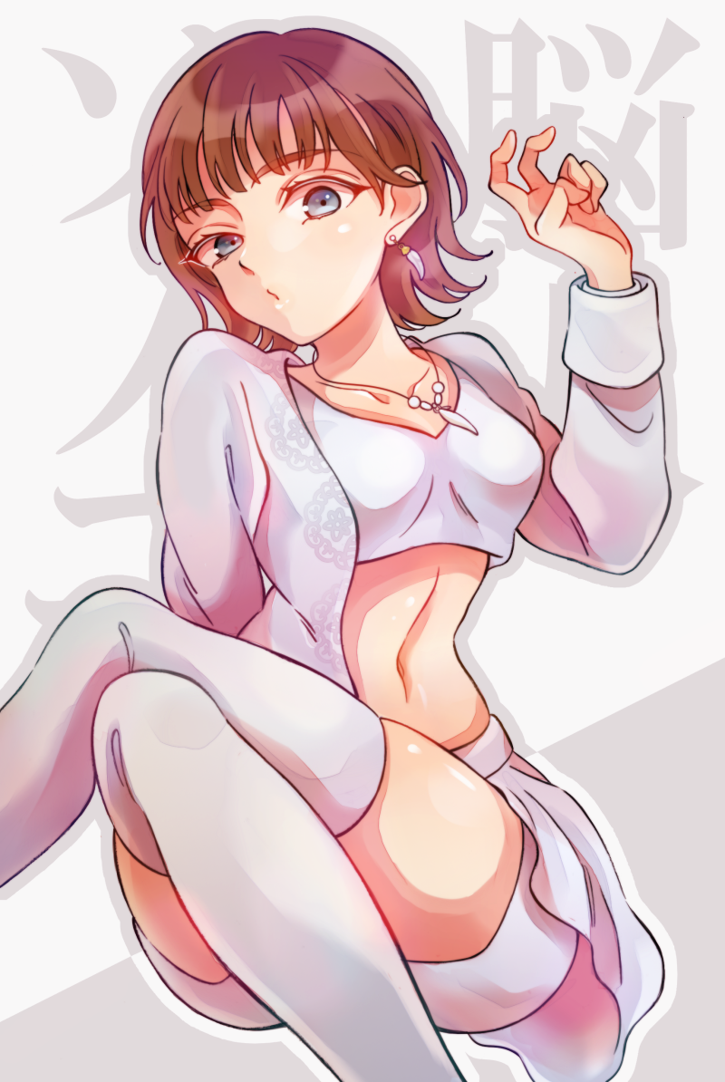 1girl avataro_sentai_donbrothers blouse blue_eyes brown_hair crop_top crossed_legs earrings jewelry mihone necklace shirt skirt sononi sononi_(donbrothers) super_sentai thighhighs white_thighhighs