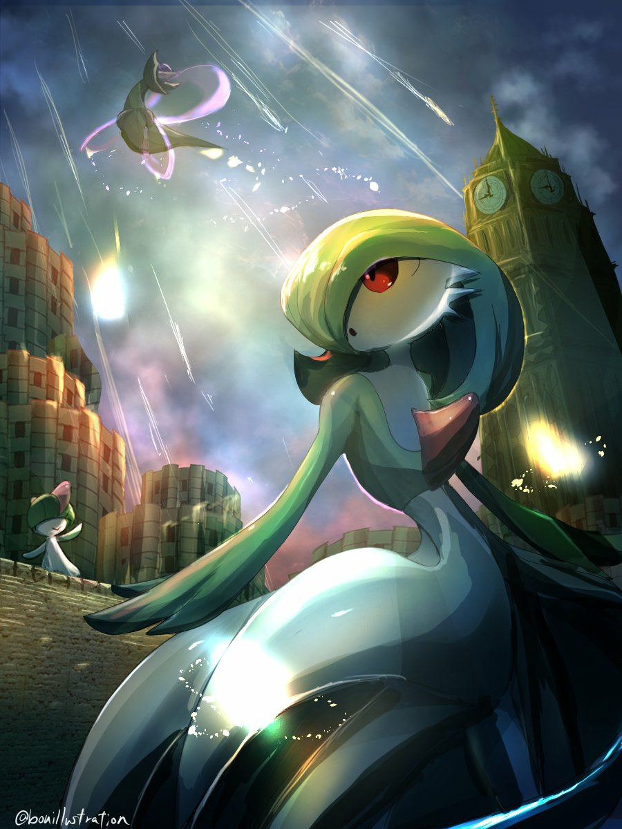 bo_(bouillustration) bob_cut clock clock_tower colored_skin cresselia dress gardevoir gen_3_pokemon gen_4_pokemon green_hair green_skin highres horns legendary_pokemon multicolored_skin nintendo outdoors pink_eyes pokemon pokemon_(creature) ralts tower two-tone_skin white_dress white_skin