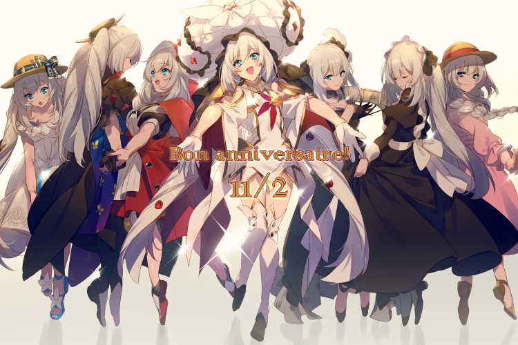 6+girls ball bare_shoulders beachball black_dress blue_eyes blush breasts cloak closed_eyes dated dress echo_(circa) fate/grand_order fate_(series) hair_ornament hat heroic_spirit_festival_outfit heroic_spirit_formal_dress hood hooded_cloak large_hat long_hair long_sleeves maid_headdress marie_antoinette_(animejapan_2016)_(fate) marie_antoinette_(fate) marie_antoinette_(festival_outfit)_(fate) marie_antoinette_(formal_dress)_(fate) marie_antoinette_(swimsuit_caster)_(second_ascension)_(fate) marie_antoinette_(third_ascension)_(fate) marie_antoinette_alter_(fate) marie_antoinette_alter_(third_ascension)_(fate) multiple_girls multiple_persona official_alternate_costume open_mouth pink_dress red_cloak red_skirt silver_hair skirt smile sparkle twintails very_long_hair white_background white_dress