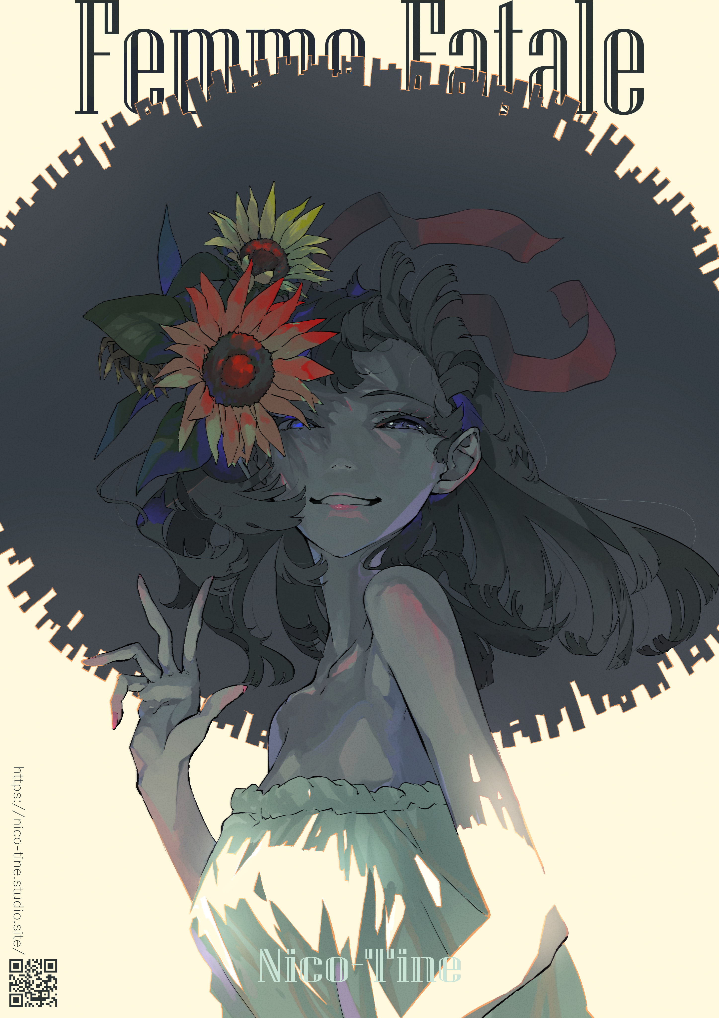 1girl absurdres artist_name bare_shoulders black_hair blue_eyes commentary dress english_text flower hair_flower hair_ornament hat highres large_hat long_hair nico-tine original pink_lips pink_nails qr_code red_ribbon ribbon shadow simple_background solo straw_hat sunflower sunflower_hair_ornament white_dress