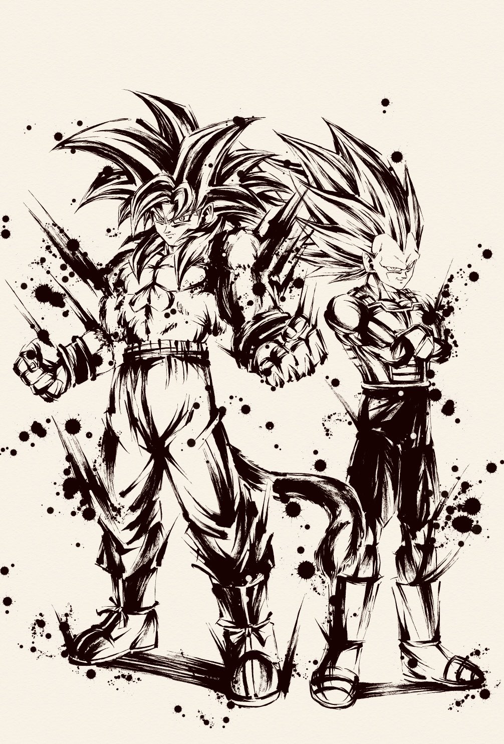 2boys body_fur boots crossed_arms dragon_ball dragon_ball_daima full_body gloves grey_background highres ink_wash_painting looking_at_viewer male_focus monochrome multiple_boys no_eyebrows pants saiyan_armor simple_background son_goku spiked_hair spmjg7 super_saiyan super_saiyan_3 super_saiyan_4 vegeta