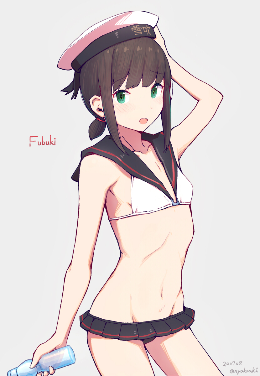 1girl adapted_costume bikini bikini_skirt black_hair black_sailor_collar bottle breasts character_name contrapposto cosplay cowboy_shot fubuki_(kancolle) green_eyes grey_background groin hat highres kantai_collection long_hair low_ponytail lowleg lowleg_bikini mismatched_bikini nakaaki_masashi ponytail ramune sailor_bikini sailor_collar short_ponytail sidelocks simple_background small_breasts solo swimsuit z1_leberecht_maass_(kancolle) z1_leberecht_maass_(kancolle)_(cosplay) z1_leberecht_maass_(swimsuit)_(kancolle)